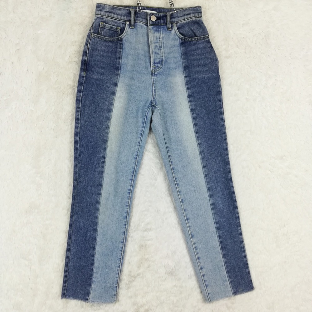 Pacsun Womens Jeans High Rise Straight Blue Denim Two Tone Pintuck Button Fly 24